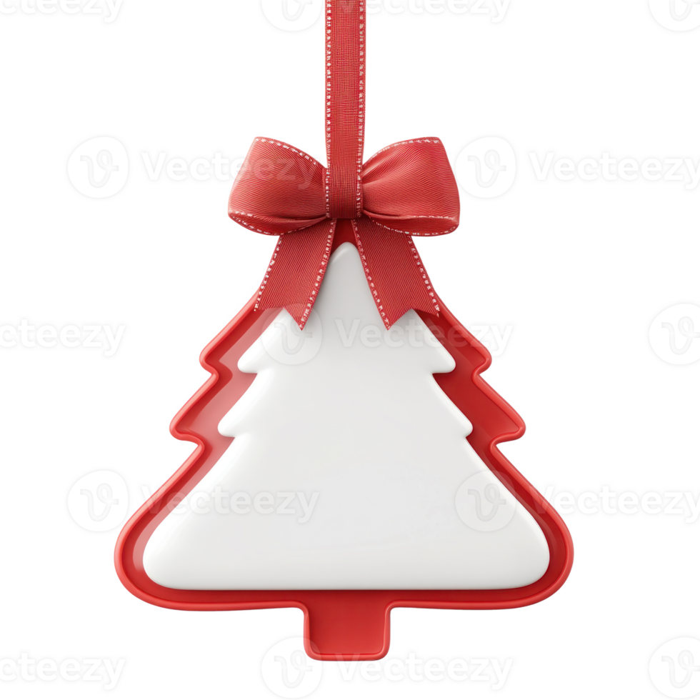 Red and white Christmas sale tag shape of fir tree with ribbon and bow hanging 3D icon cartoon smooth soft light isolate on transparent background png