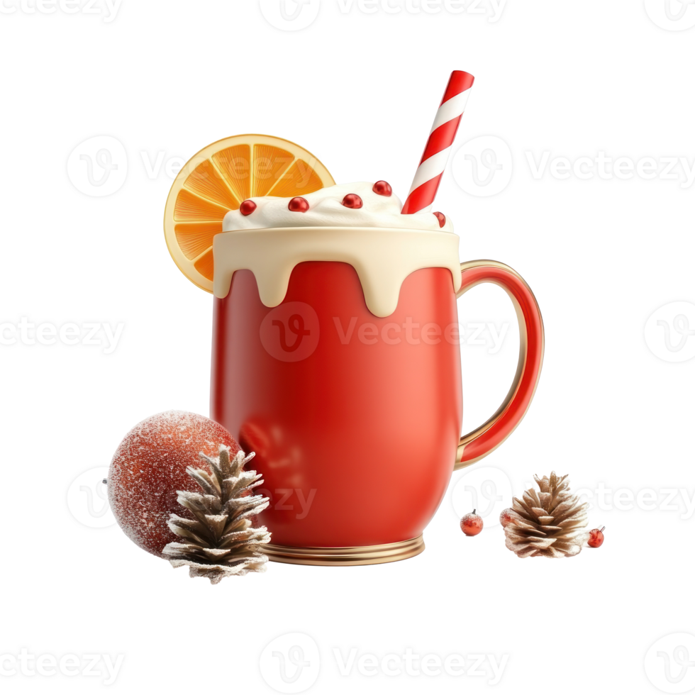 Red mug of eggnog cocktail with Christmas decoration 3D icon cartoon smooth soft light isolate on transparent background png