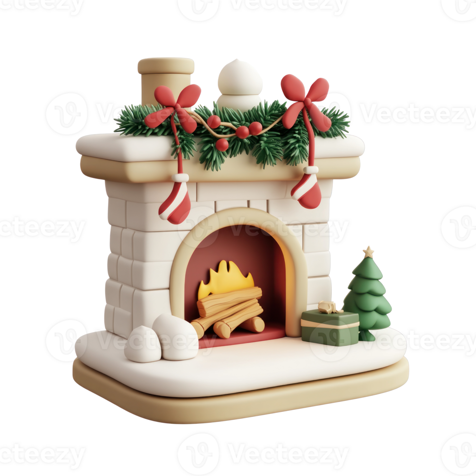 Christmas Fireplace with decorations 3D icon isolate on transparent background png