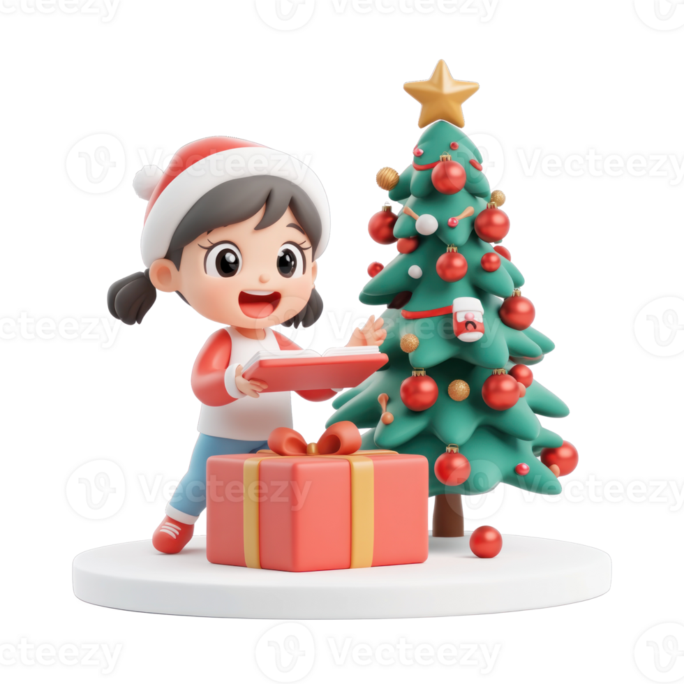 A child excitedly opening a Christmas present under a fir tree decorated with ornaments 3D icon isolate on transparent background png