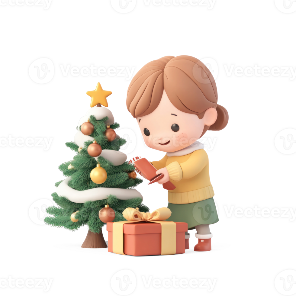 A child excitedly opening a Christmas present under a fir tree decorated with ornaments 3D icon cartoon smooth soft light isolate on transparent background png
