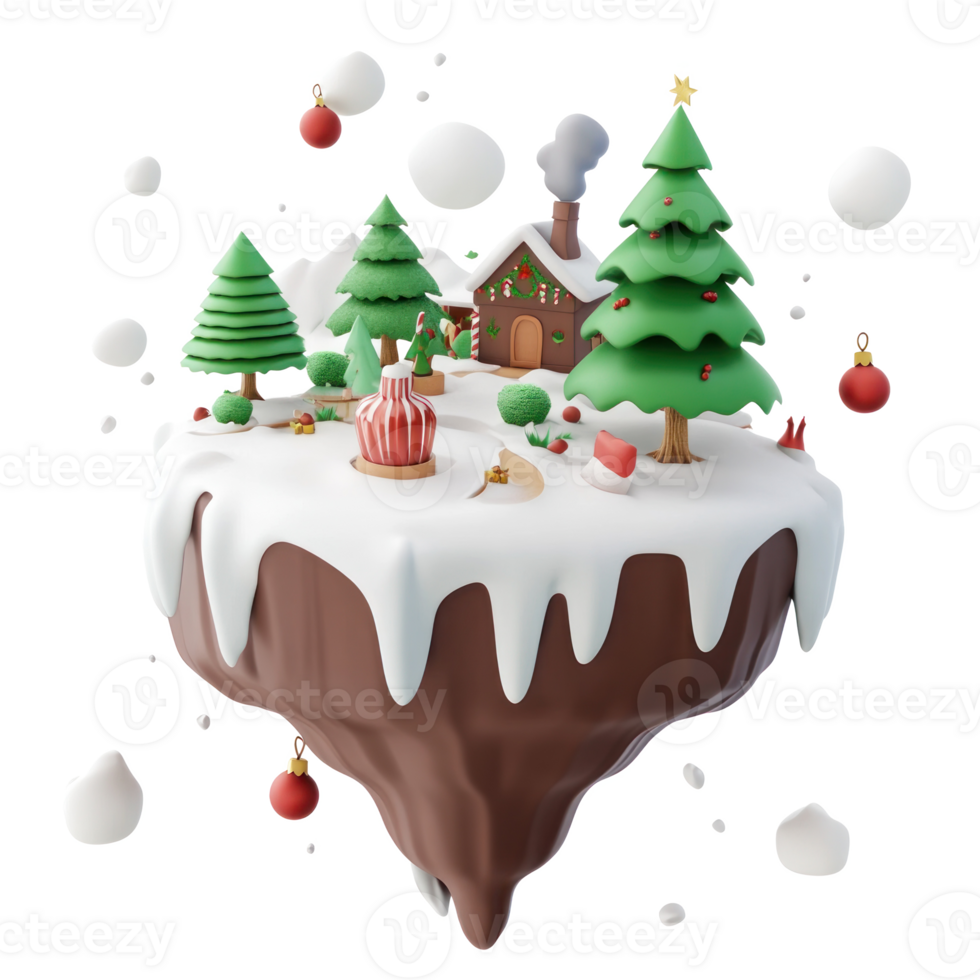 Christmas elements are combined into scenes floating island 3D icon cartoon minimalist isolate on transparent background png