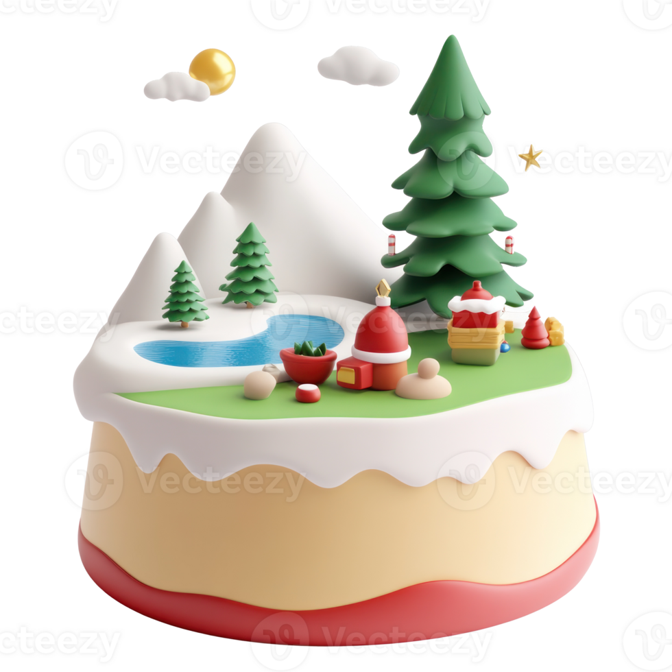 Christmas elements are combined into scenes floating island 3D icon cartoon minimalist isolate on transparent background png