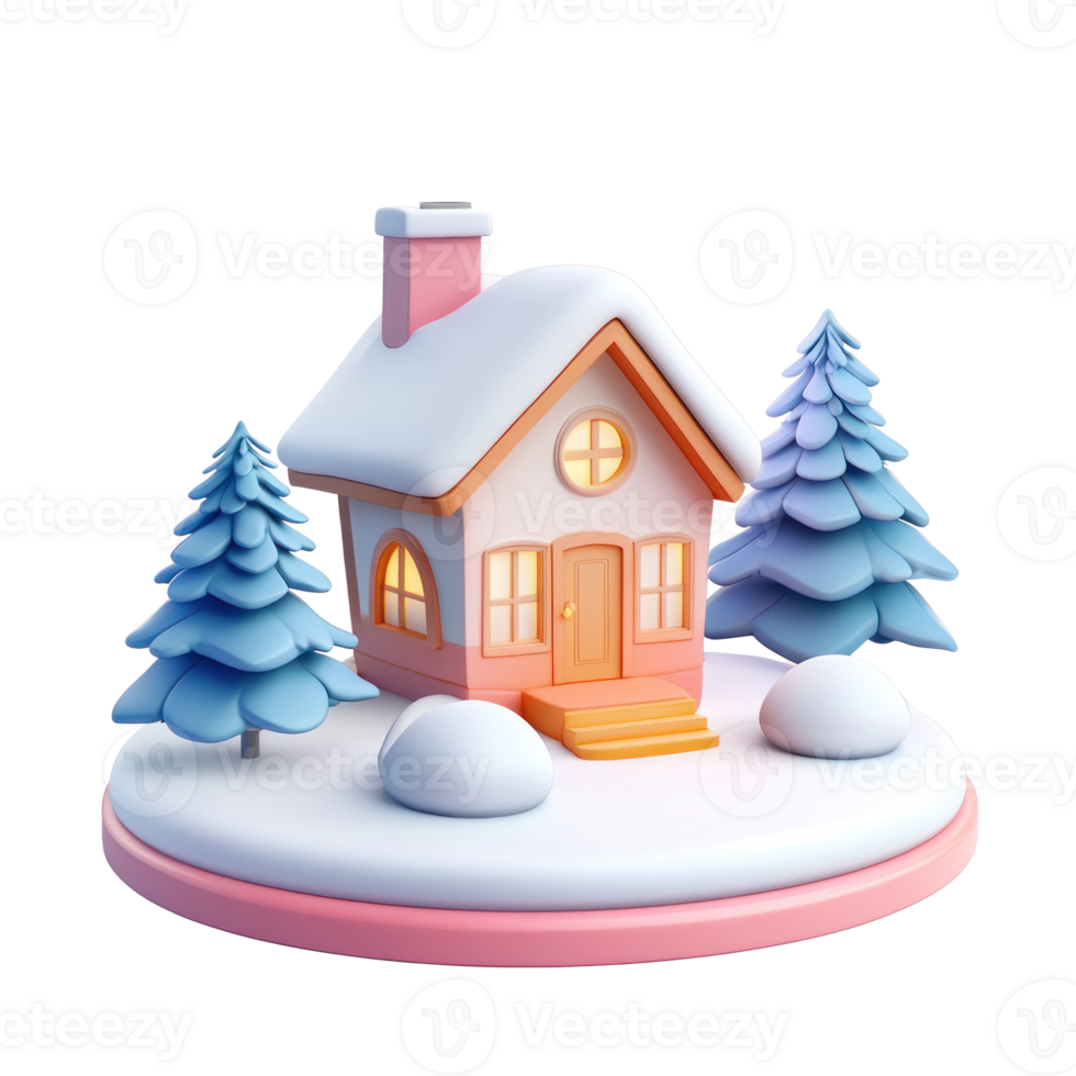 Winter House with snow 3D icon cartoon smooth soft light isolate on transparent background png