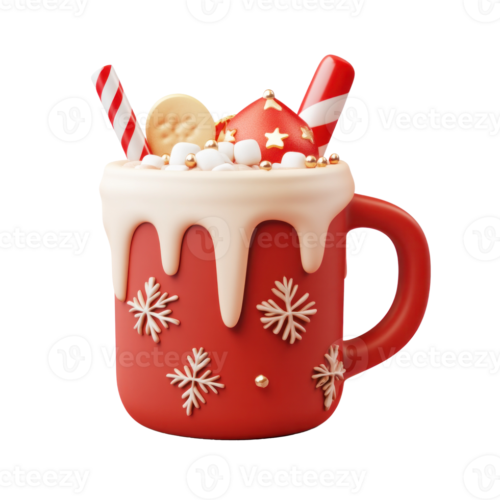 Red mug of eggnog cocktail with Christmas decoration 3D icon isolate on transparent background png