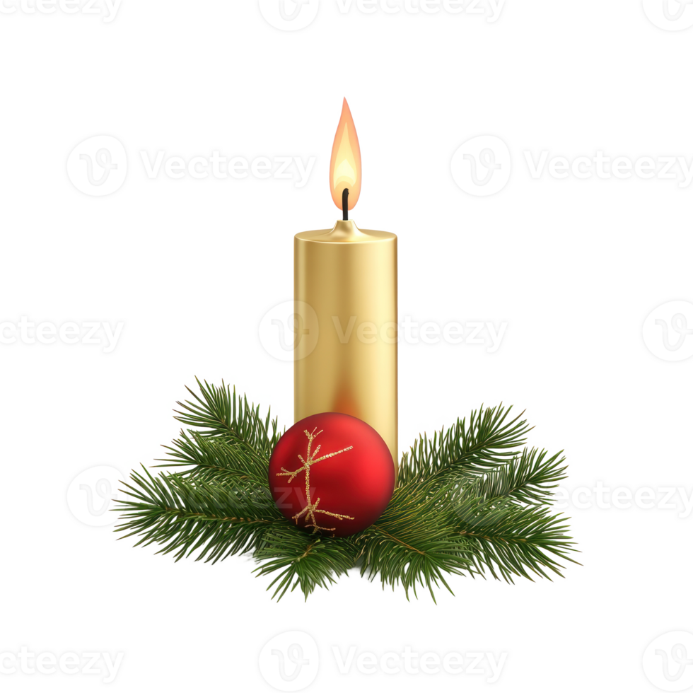 Gold Christmas candle with green fir branch and red shiny bauble 3D icon isolate on transparent background png