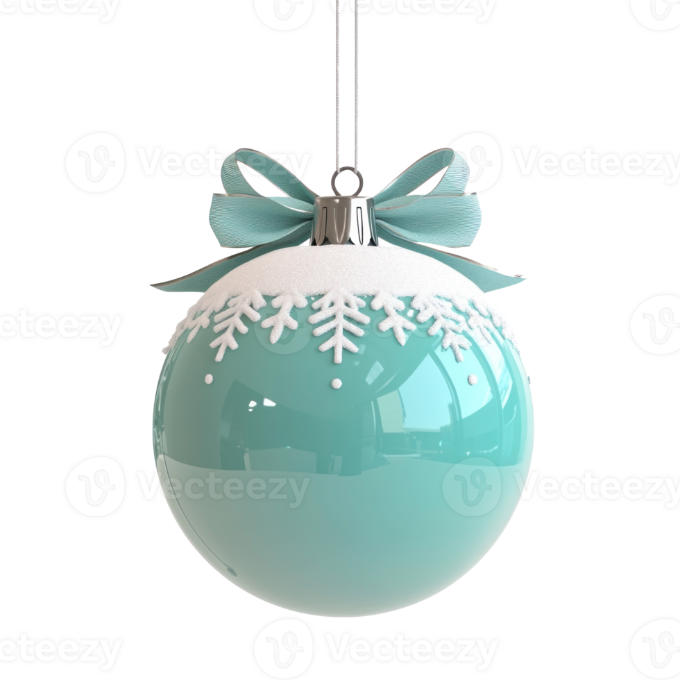 Christmas ball with bow and snow hanging 3D icon cartoon round edges isolate on transparent background png