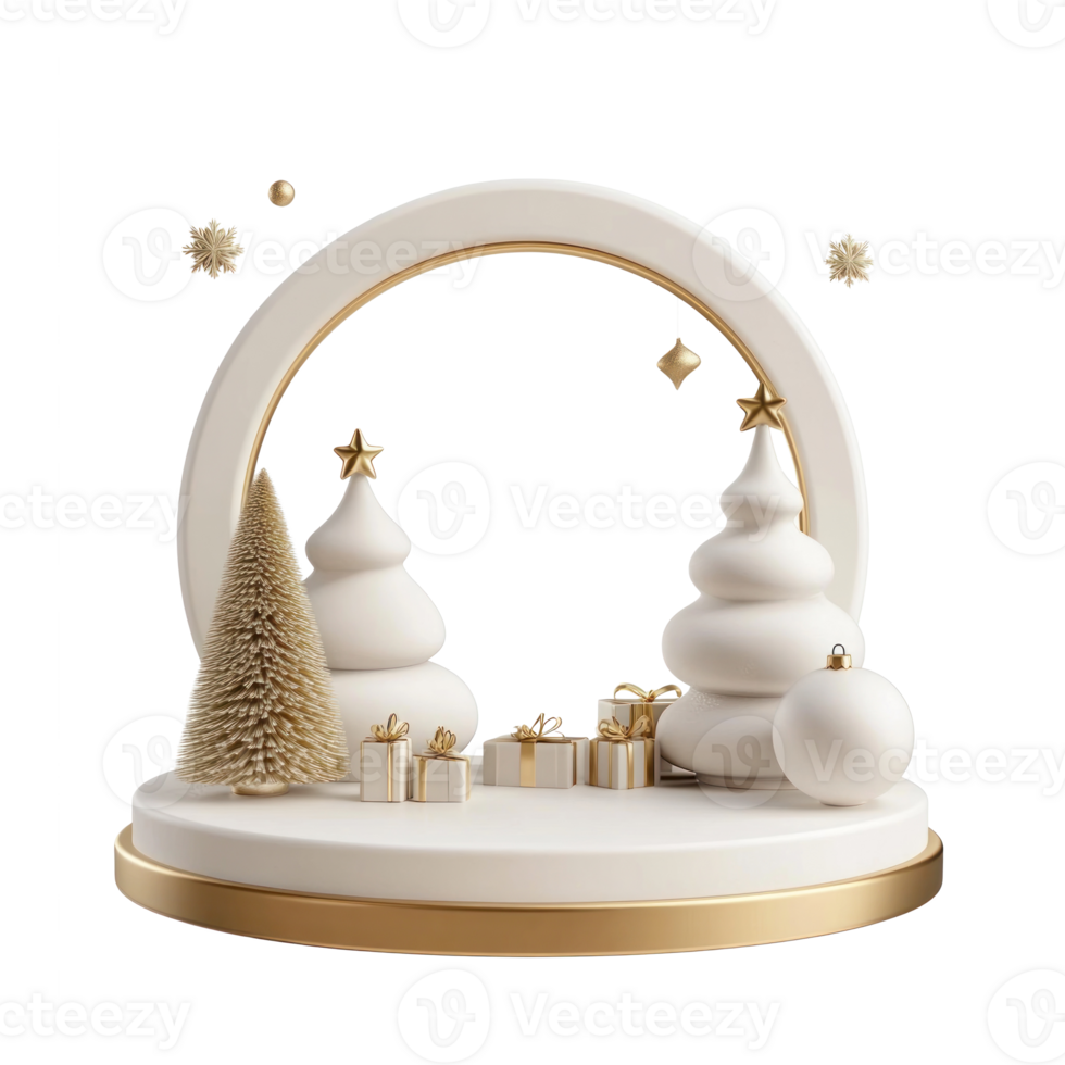 Empty Christmas white and gold podium with decoration items 3D icon isolate on transparent background png
