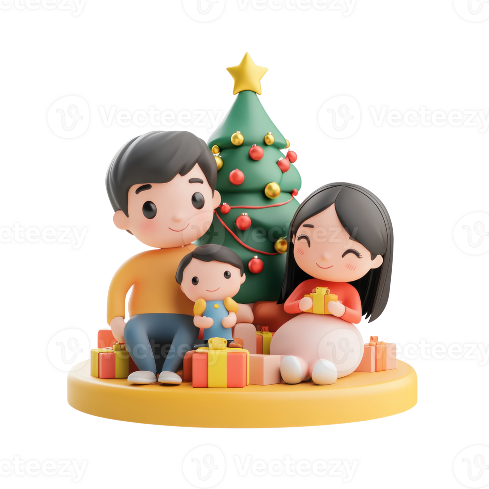 Family with Christmas tree and decoration 3D icon cartoon smooth soft light isolate on transparent background png