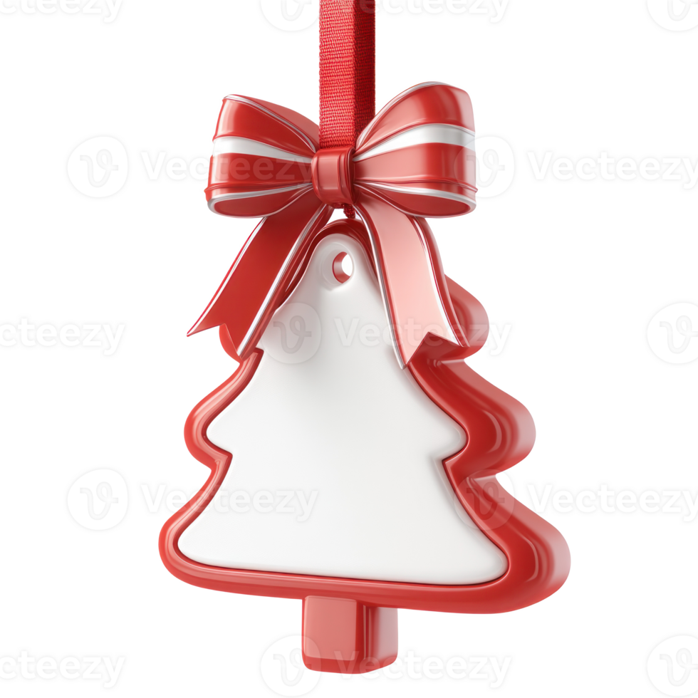 Red and white Christmas sale tag shape of fir tree with ribbon and bow hanging 3D icon cartoon smooth soft light isolate on transparent background png