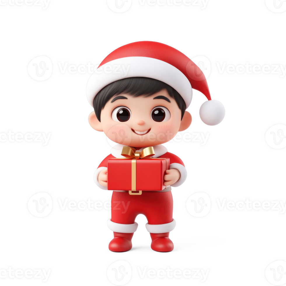 Little kid wear santa claus costume holding red gift box 3D icon cartoon smooth soft light isolate on transparent background png