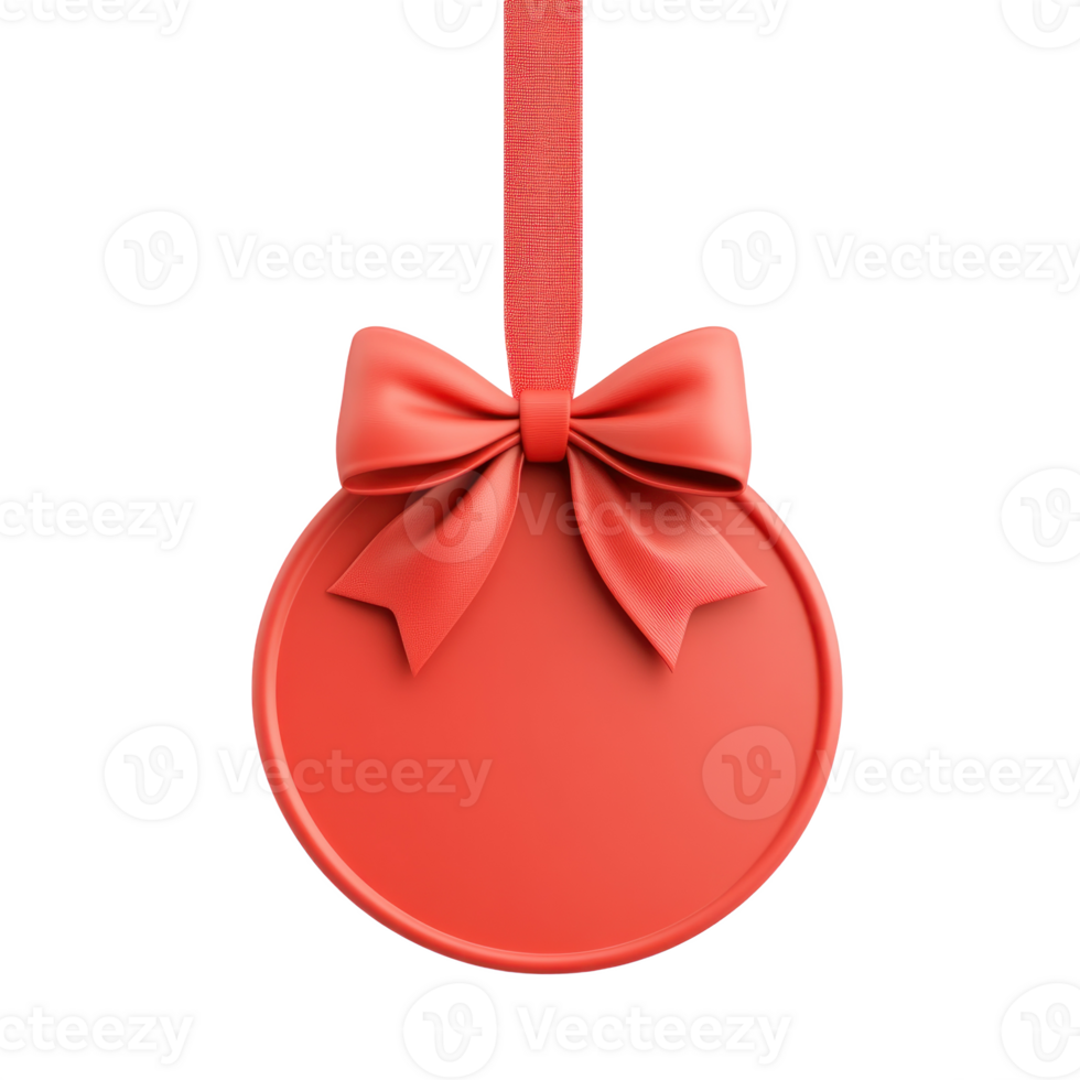 Red Round Christmas sale tag with ribbon and bow hanging 3D icon isolate on transparent background png