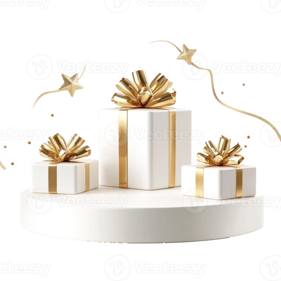 Christmas white and gold podium presents 3D icon cartoon smooth soft light isolate on transparent background png