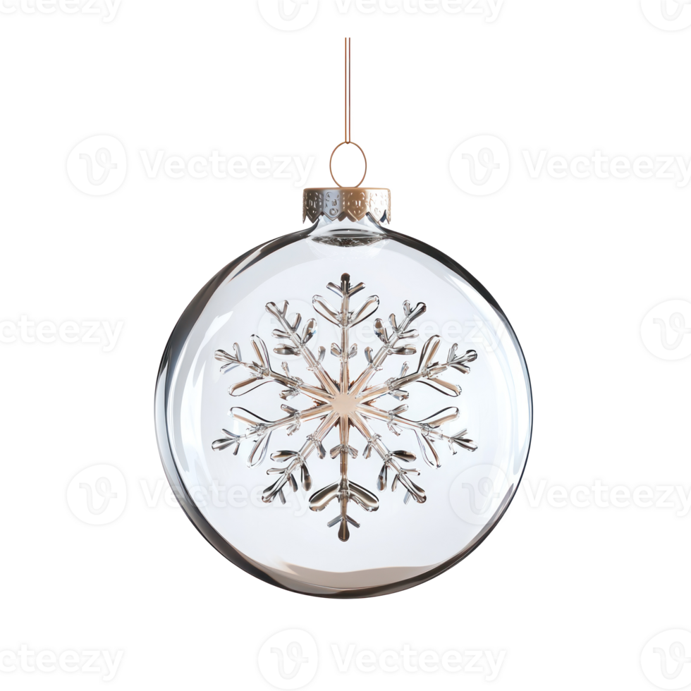 Snowflake inside glass ball ornament hanging 3D icon cartoon smooth soft light isolate on transparent background png