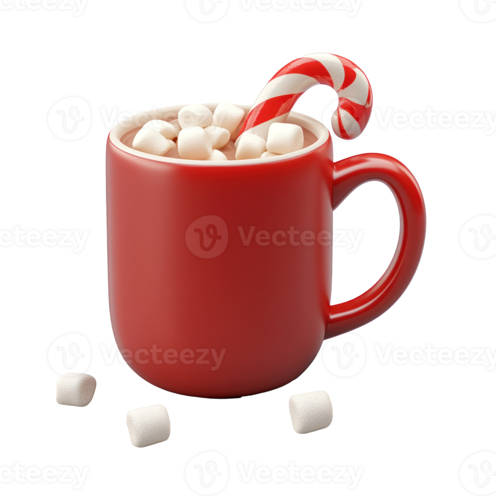 Red Hot chocolate mug with candy cane and marshmallows 3D icon isolate on transparent background png