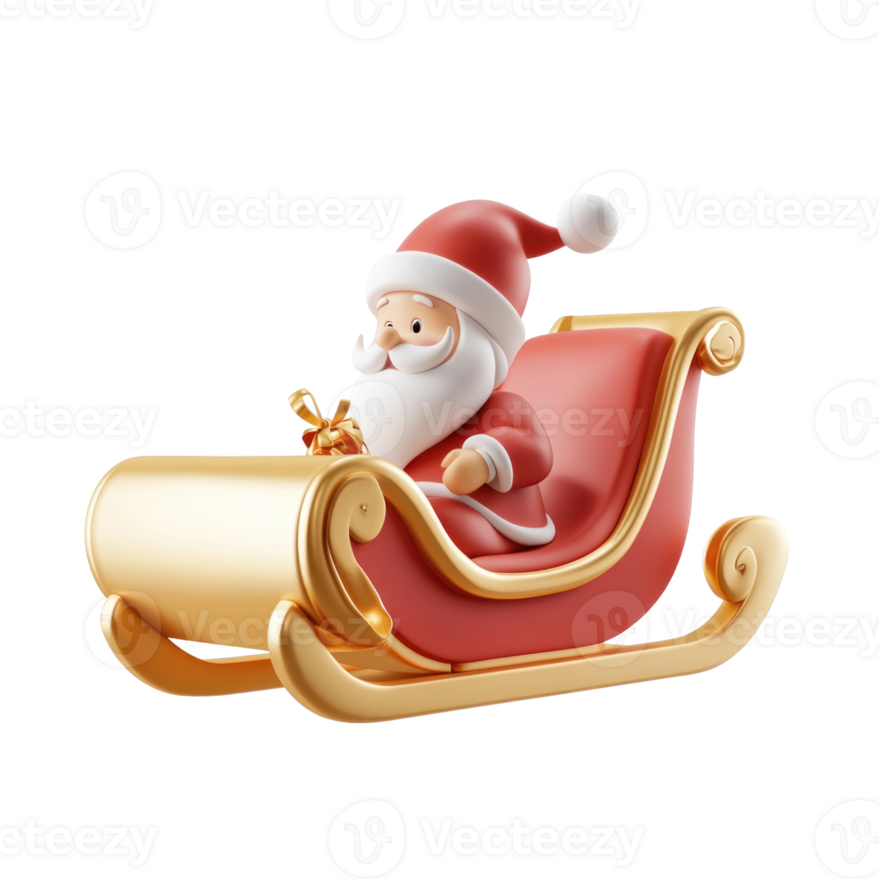 Santa riding gold and red Sleigh 3D icon cartoon smooth soft light isolate on transparent background png