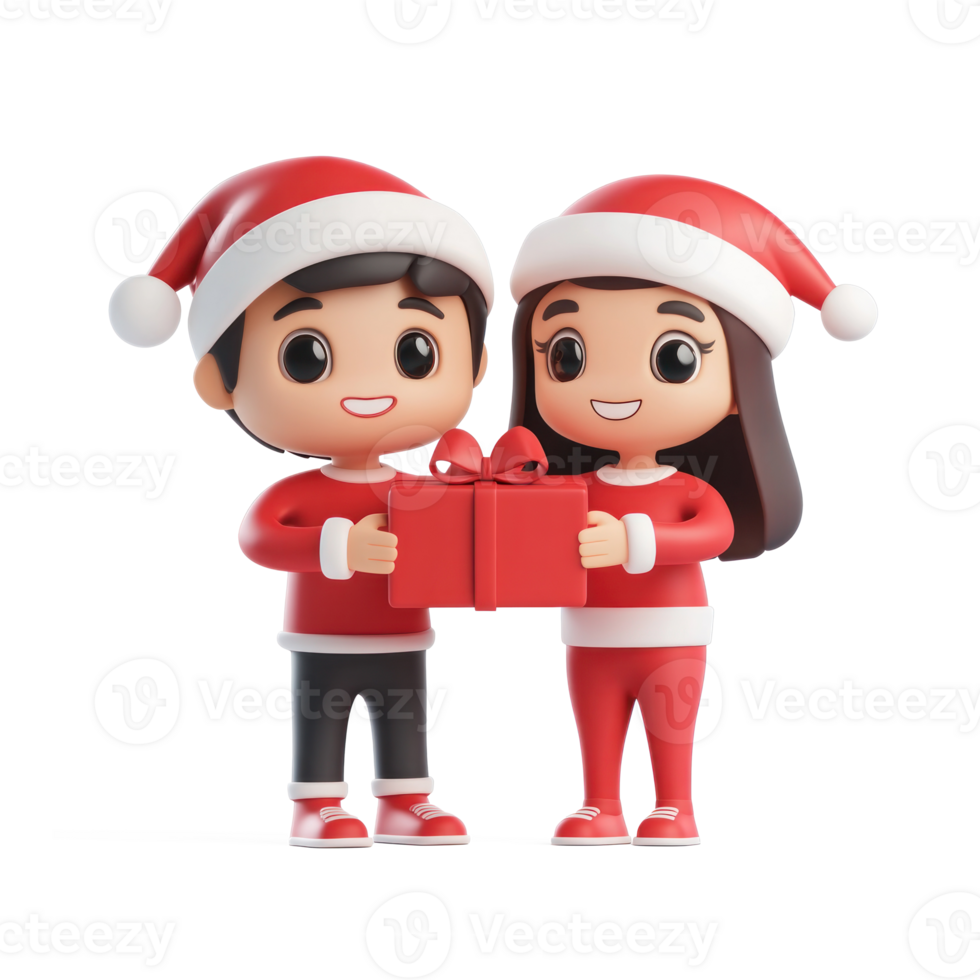Couple giving Christmas red present 3D icon cartoon smooth soft light isolate on transparent background png