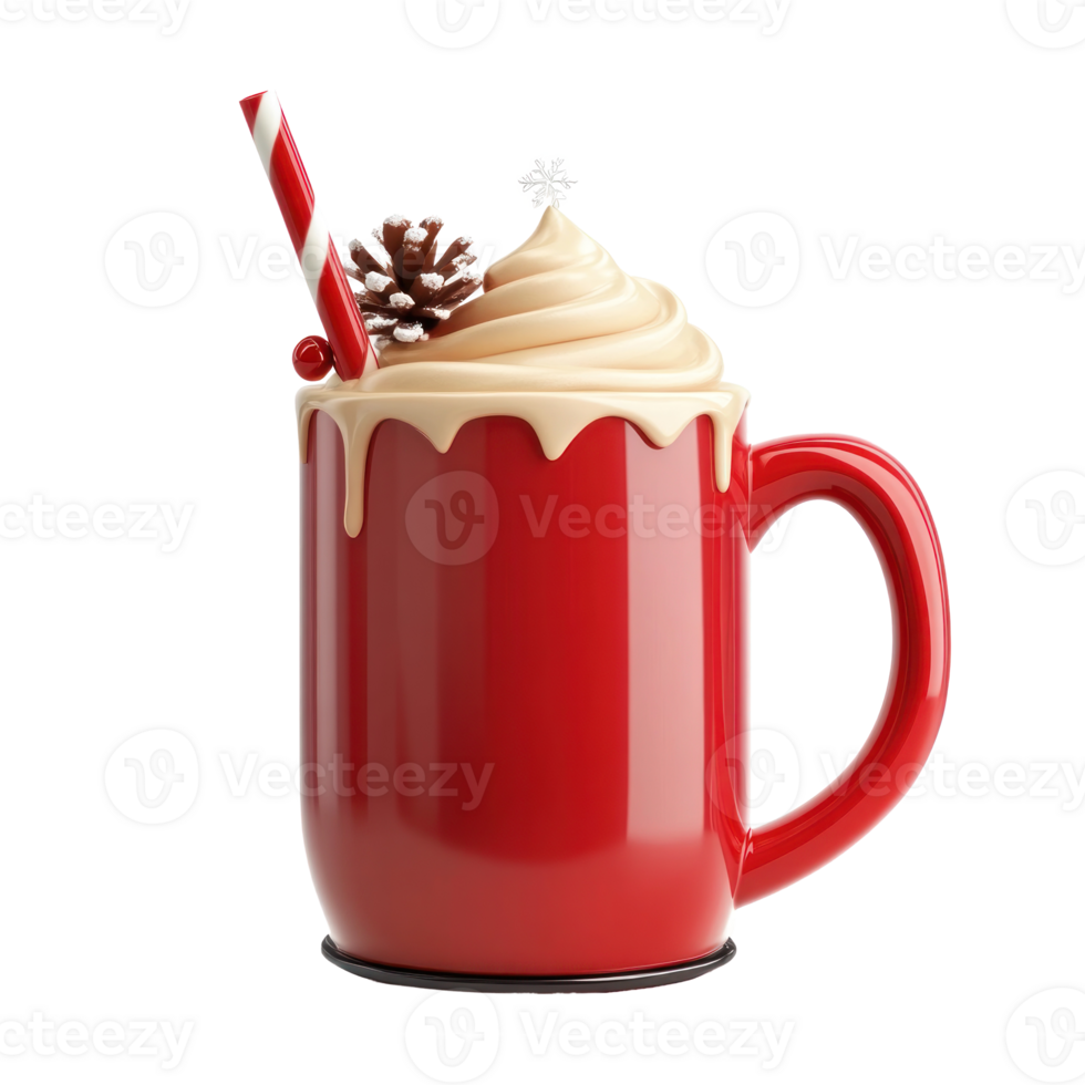 Red mug of eggnog cocktail with Christmas decoration 3D icon cartoon smooth soft light isolate on transparent background png
