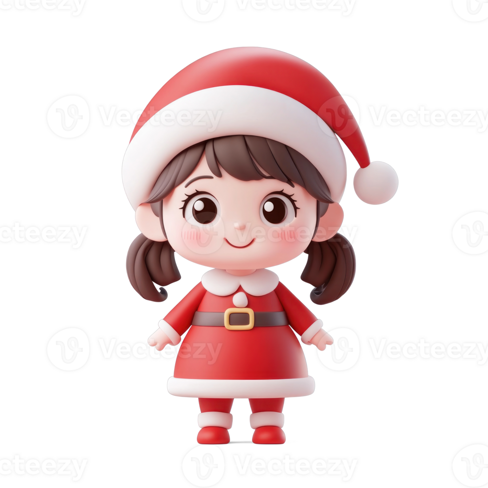 Smiling Little girl wear red santa claus costume 3D icon cartoon smooth soft light isolate on transparent background png