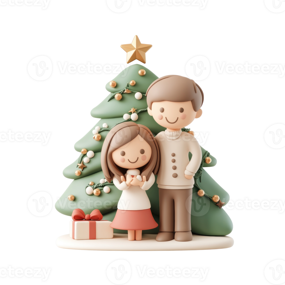 Family with Christmas tree and decoration 3D icon isolate on transparent background png