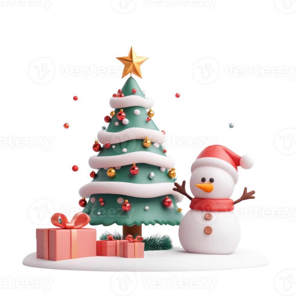 3D Christmas tree with gifts, and a snowman 3D icon cartoon smooth soft light isolate on transparent background png