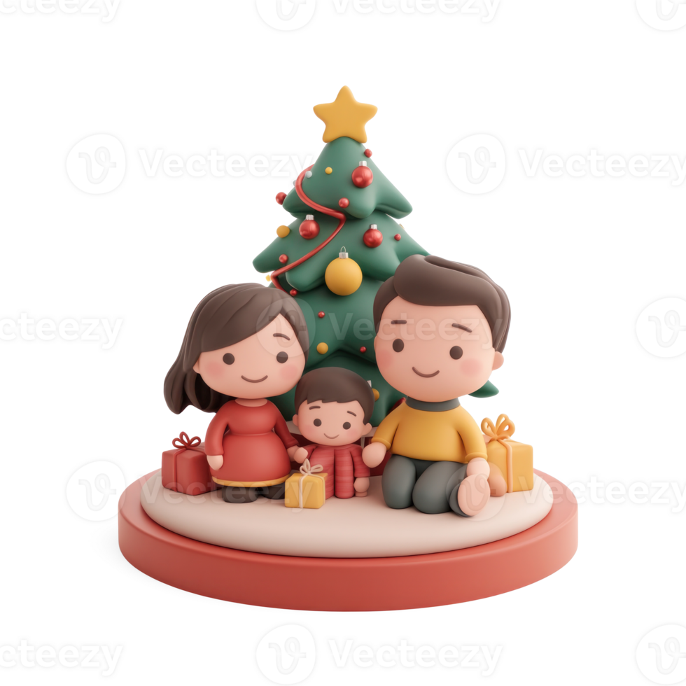 Family with Christmas tree and decoration 3D icon isolate on transparent background png