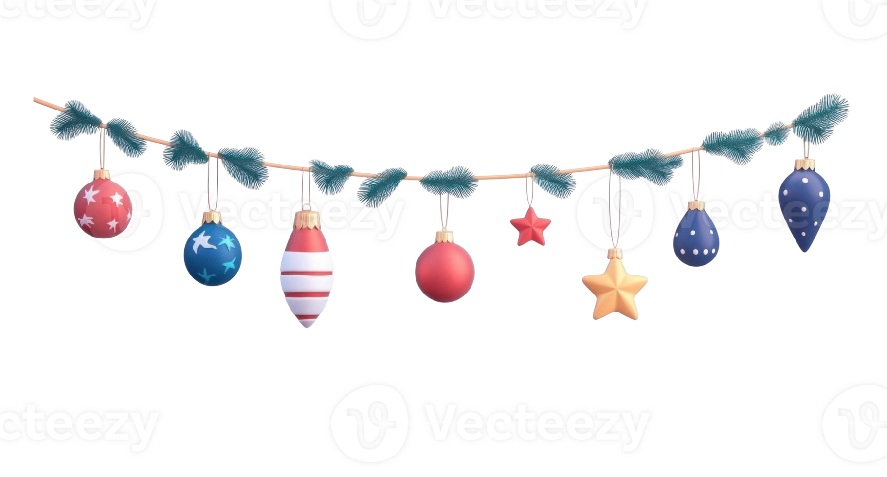 Christmas garland with baubles hanging 3D icon cartoon isolate on transparent background png