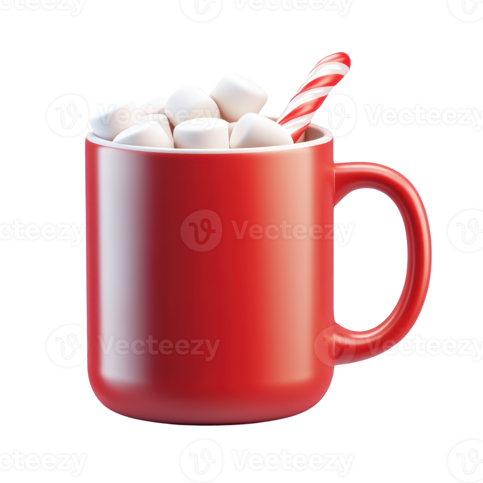 Red Hot chocolate mug with candy cane and marshmallows 3D icon cartoon smooth soft light isolate on transparent background png