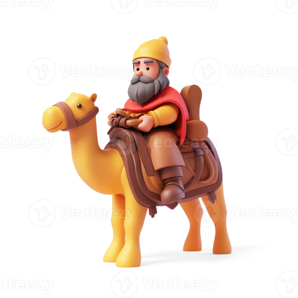 Wise man riding camel 3D icon cartoon smooth soft light isolate on transparent background png
