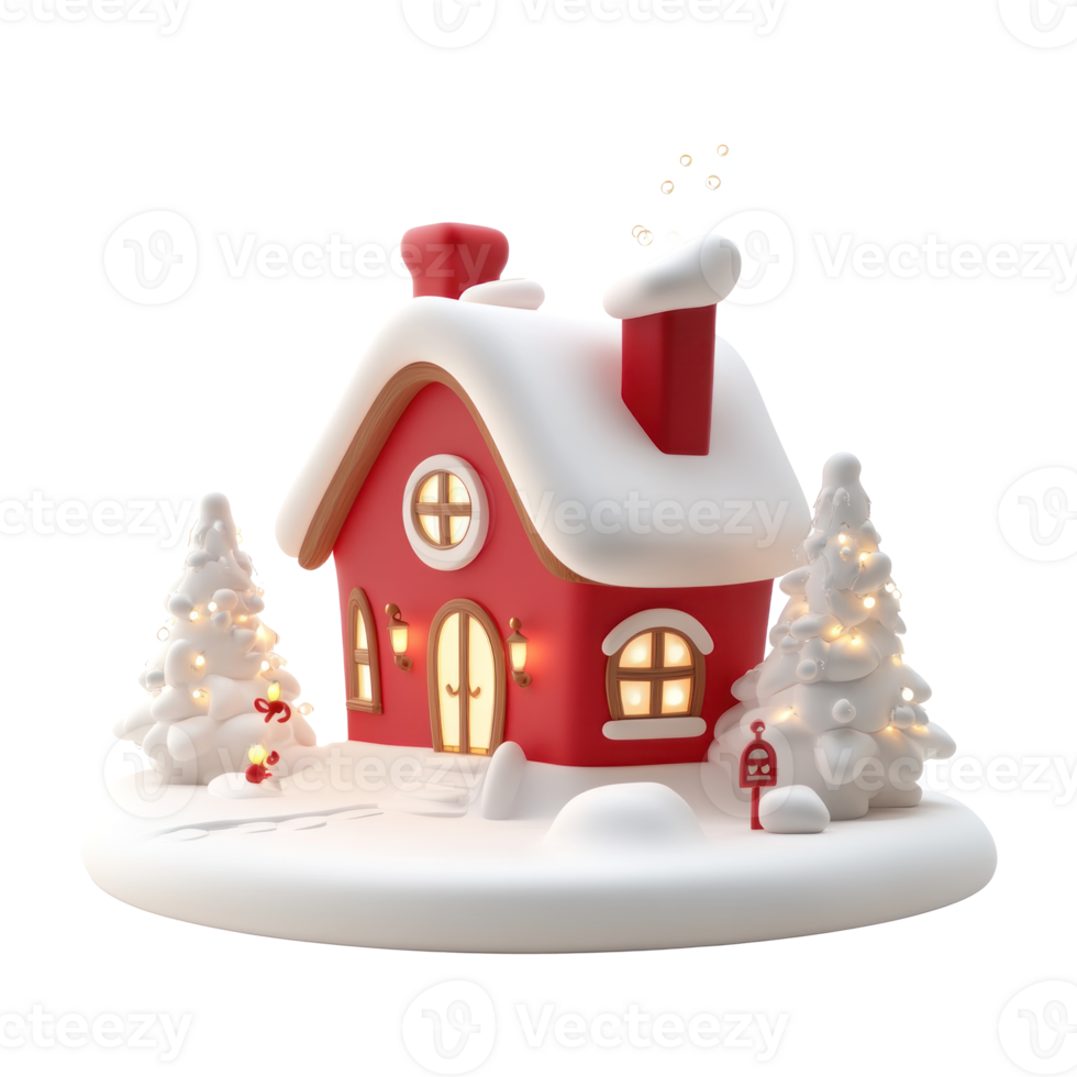 Red decoration Christmas house with snow 3D icon cartoon smooth soft light isolate on transparent background png