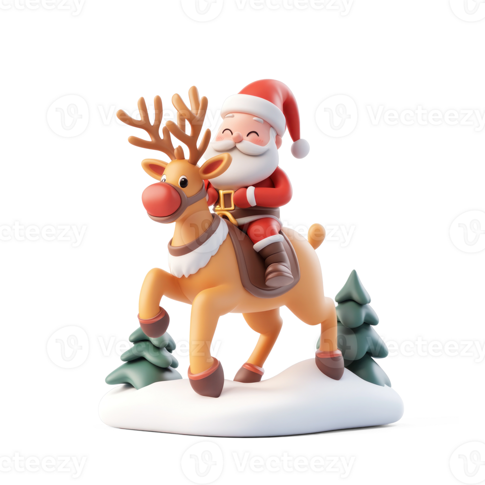 Santa riding reindeer 3D icon cartoon smooth soft light isolate on transparent background png