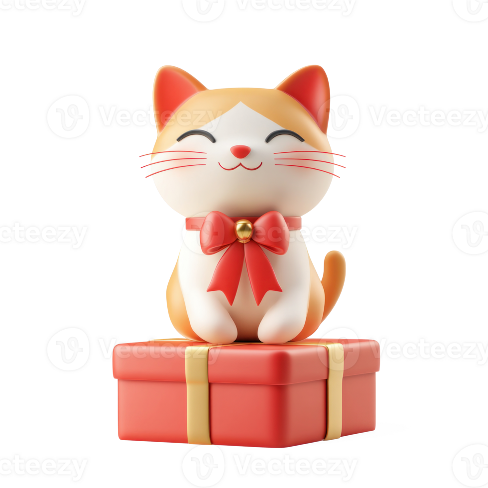 Cat sitting on red gift box 3D icon cartoon smooth soft light isolate on transparent background png
