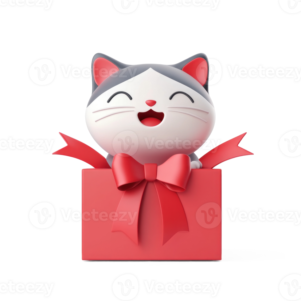 Cat coming out of the red gift box 3D icon cartoon smooth soft light isolate on transparent background png