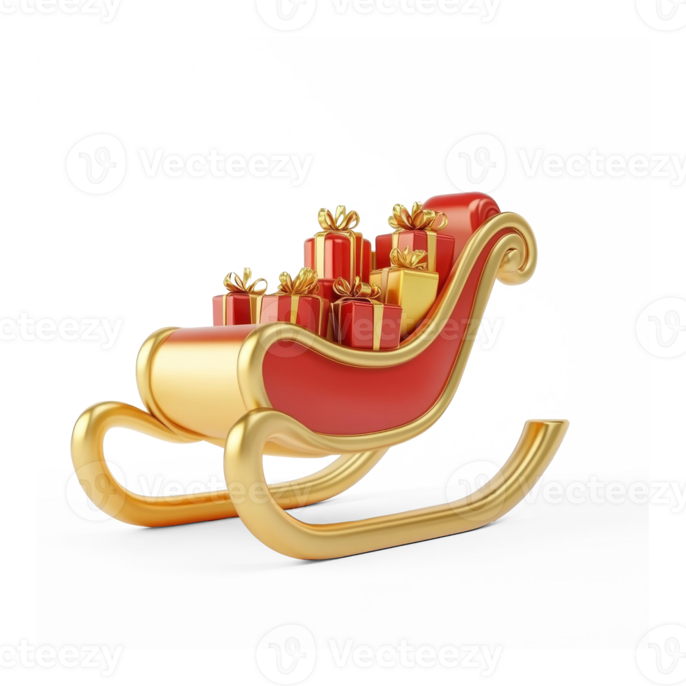 Santa's Sleigh in gold and red color full of presents 3D icon cartoon smooth soft light isolate on transparent background png
