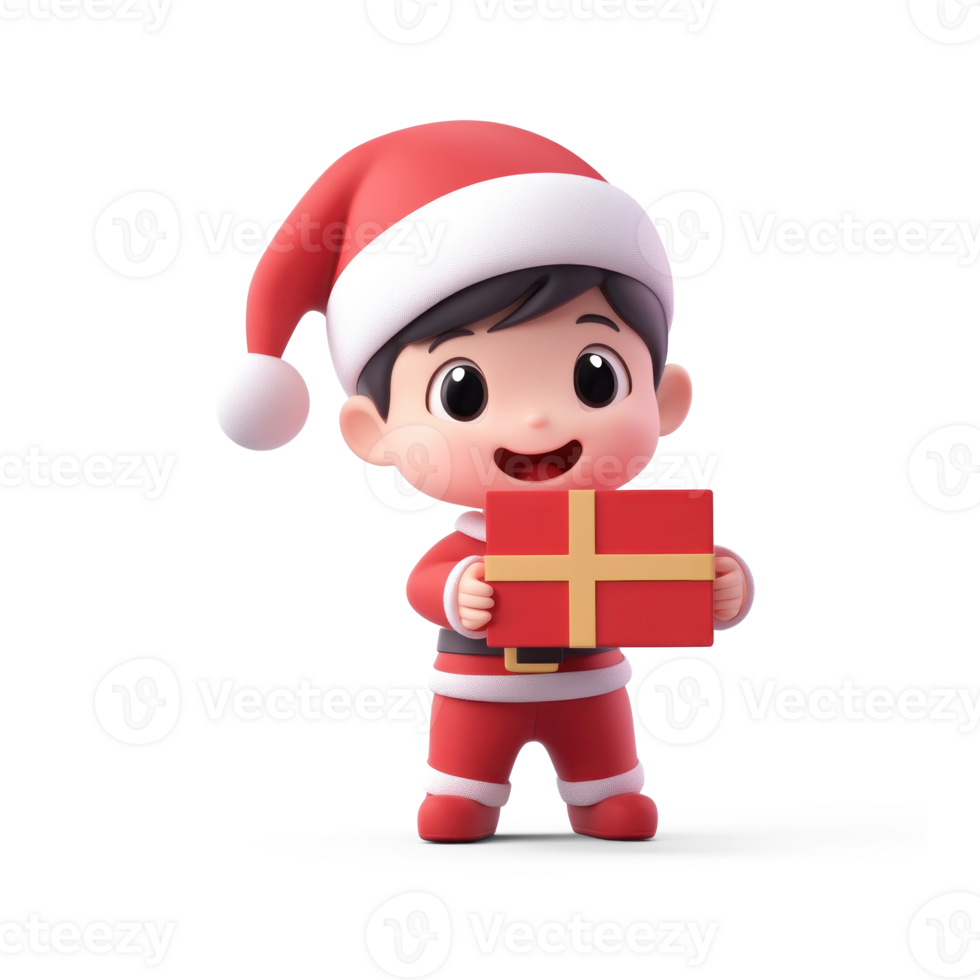 Little kid wear santa claus costume holding red gift box 3D icon cartoon smooth soft light isolate on transparent background png