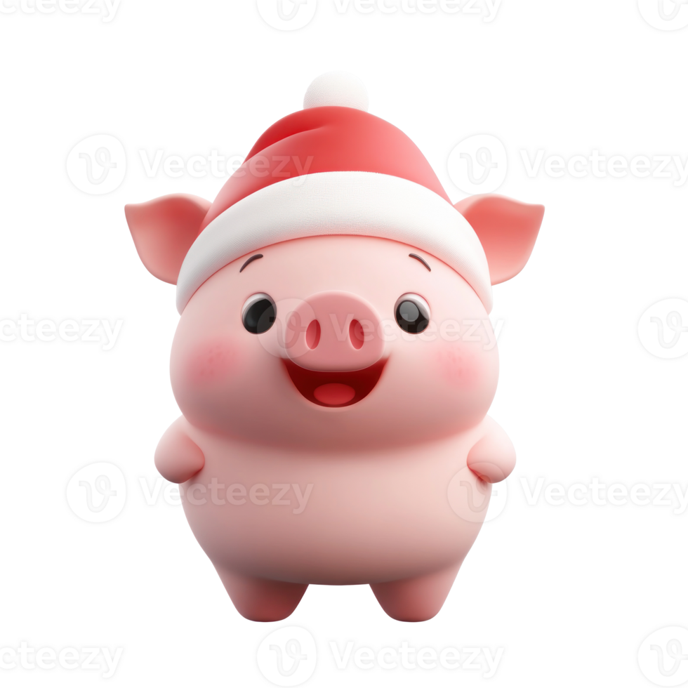 Piggy bank wearing red christmas hat 3D icon isolate on transparent background png