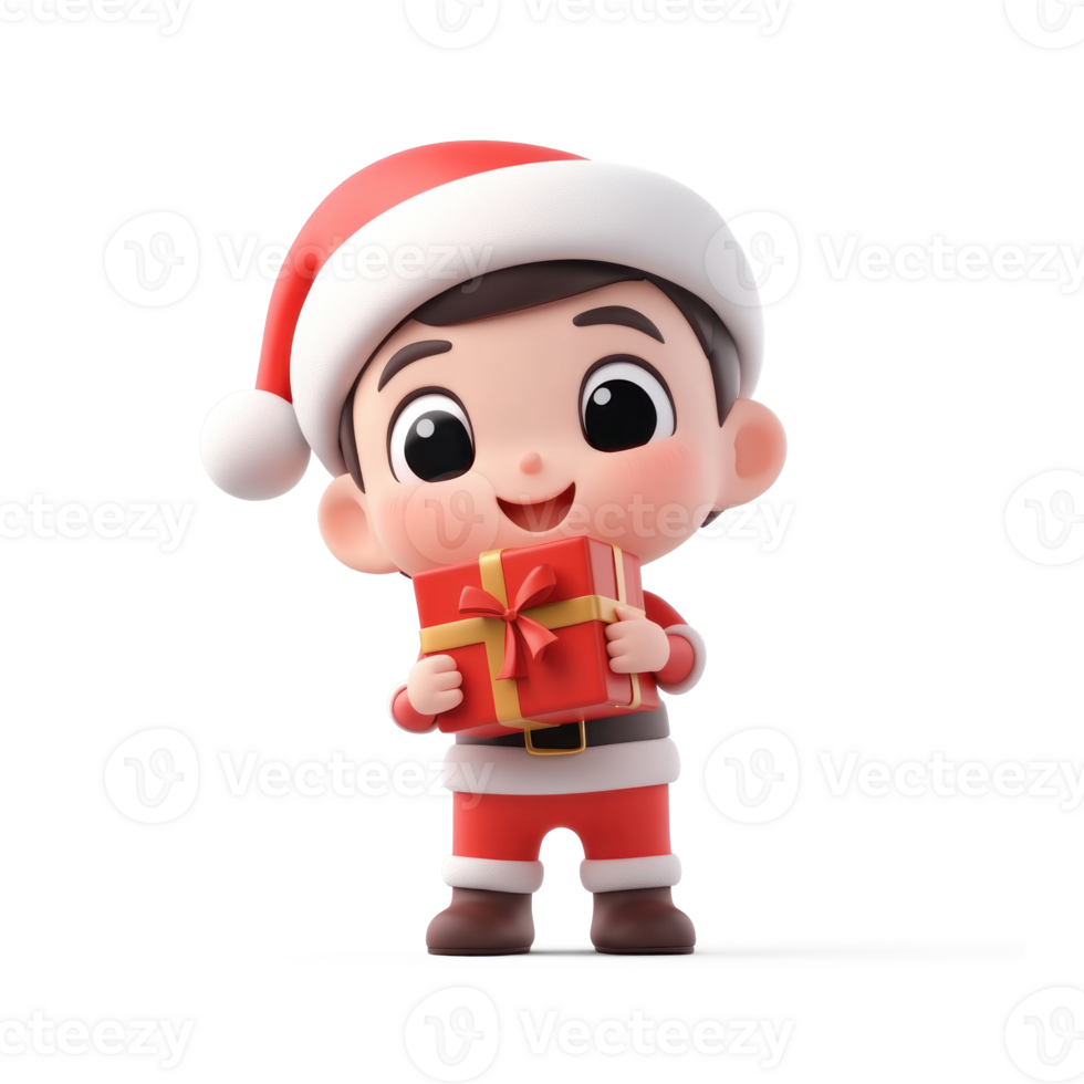 Little kid wear santa claus costume holding red gift box 3D icon cartoon smooth soft light isolate on transparent background png
