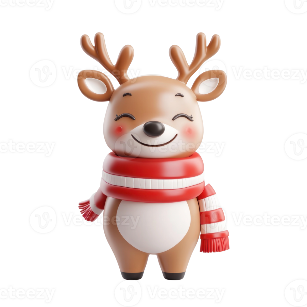 Smiling reindeer wearing a striped red and white scarf 3D icon cartoon smooth soft light isolate on transparent background png
