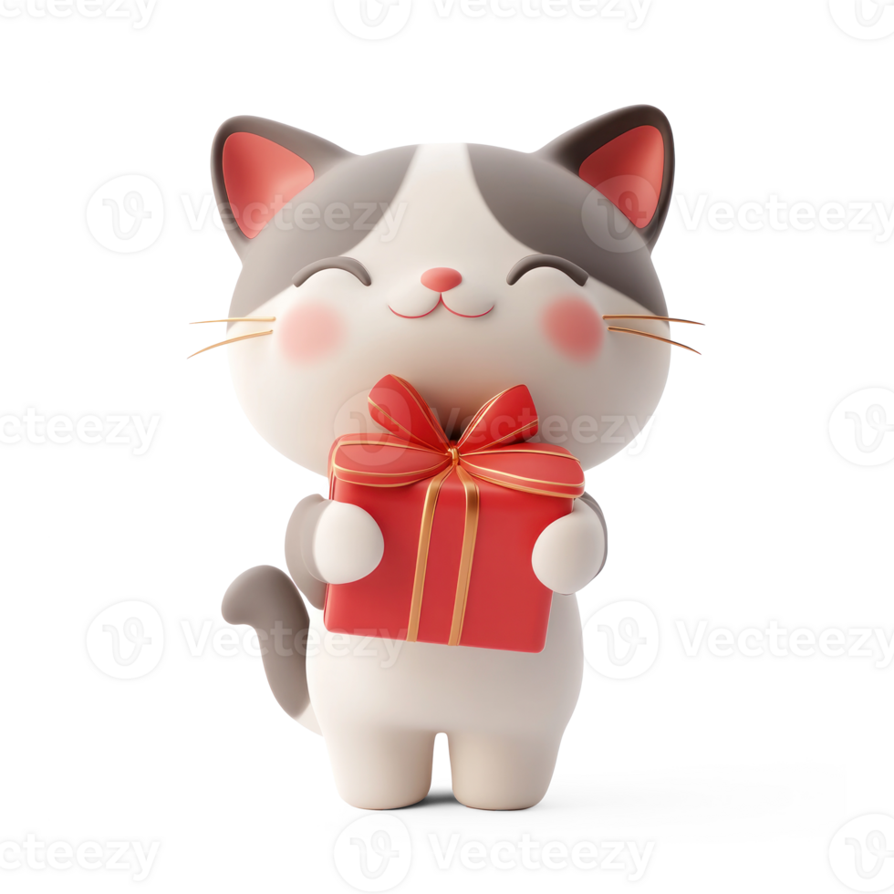 Cat holding red gift box 3D icon isolate on transparent background png