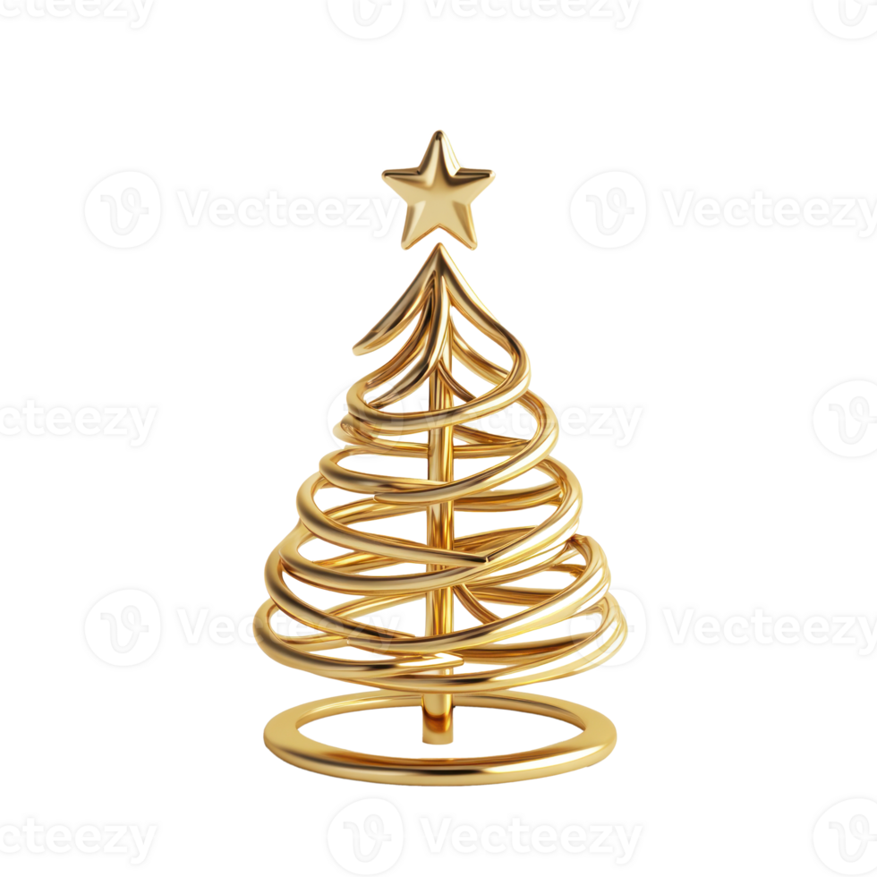 Gold single line round form as christmas tree with star on top 3D icon cartoon minimalist isolate on transparent background png