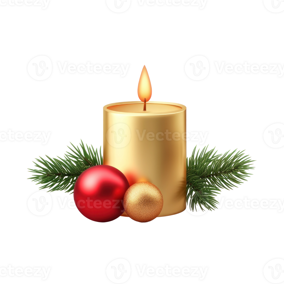 Gold Christmas candle with green fir branch and red shiny bauble 3D icon cartoon smooth soft light isolate on transparent background png