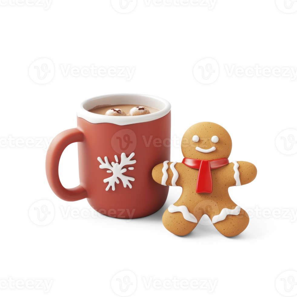 Christmas gingerbread man and hot chocolate mug 3D icon isolate on transparent background png