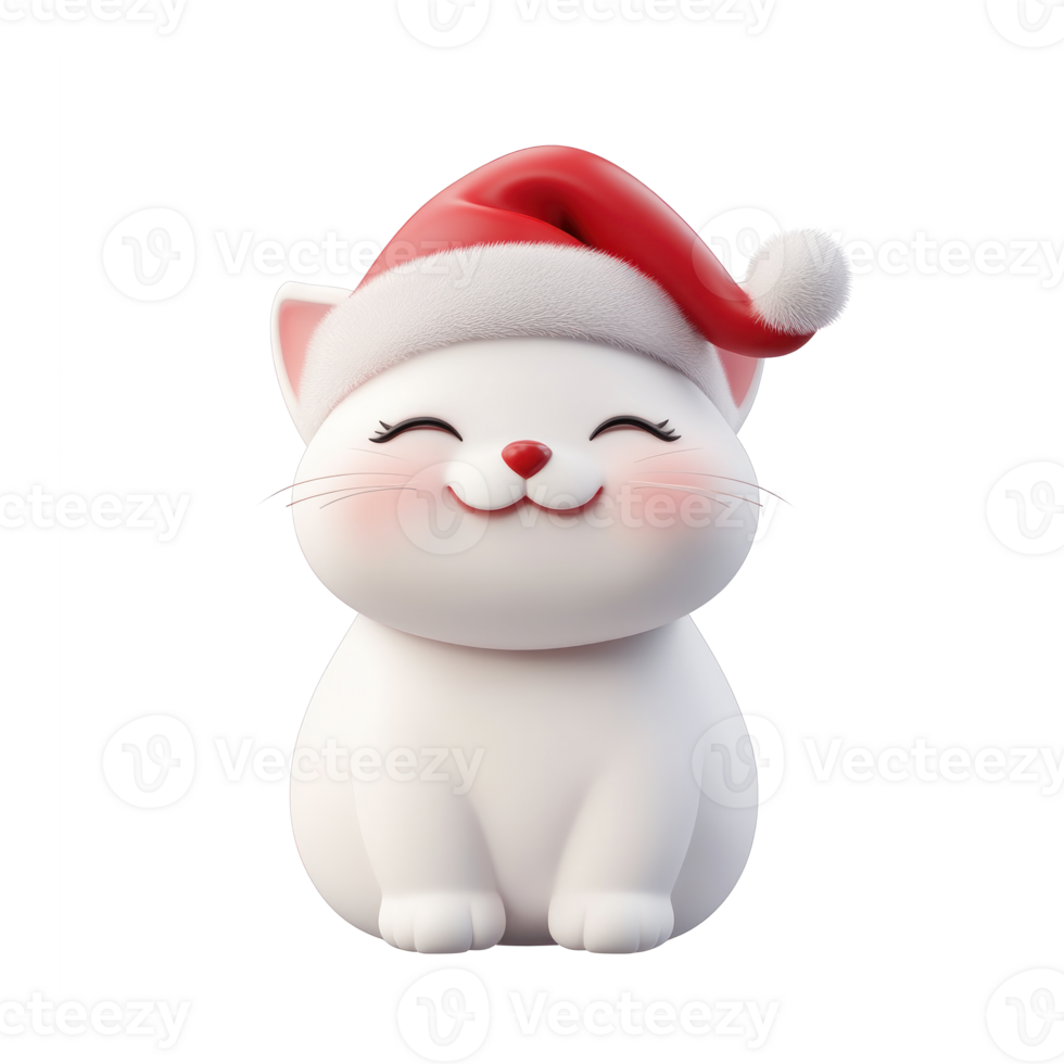 Smiling Cat wearing red santa's hat 3D icon cartoon smooth soft light isolate on transparent background png