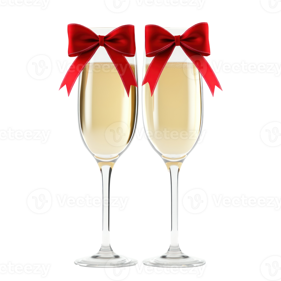 Two glasses of Champagne with red ribbon and bow 3D icon cartoon smooth soft light isolate on transparent background png