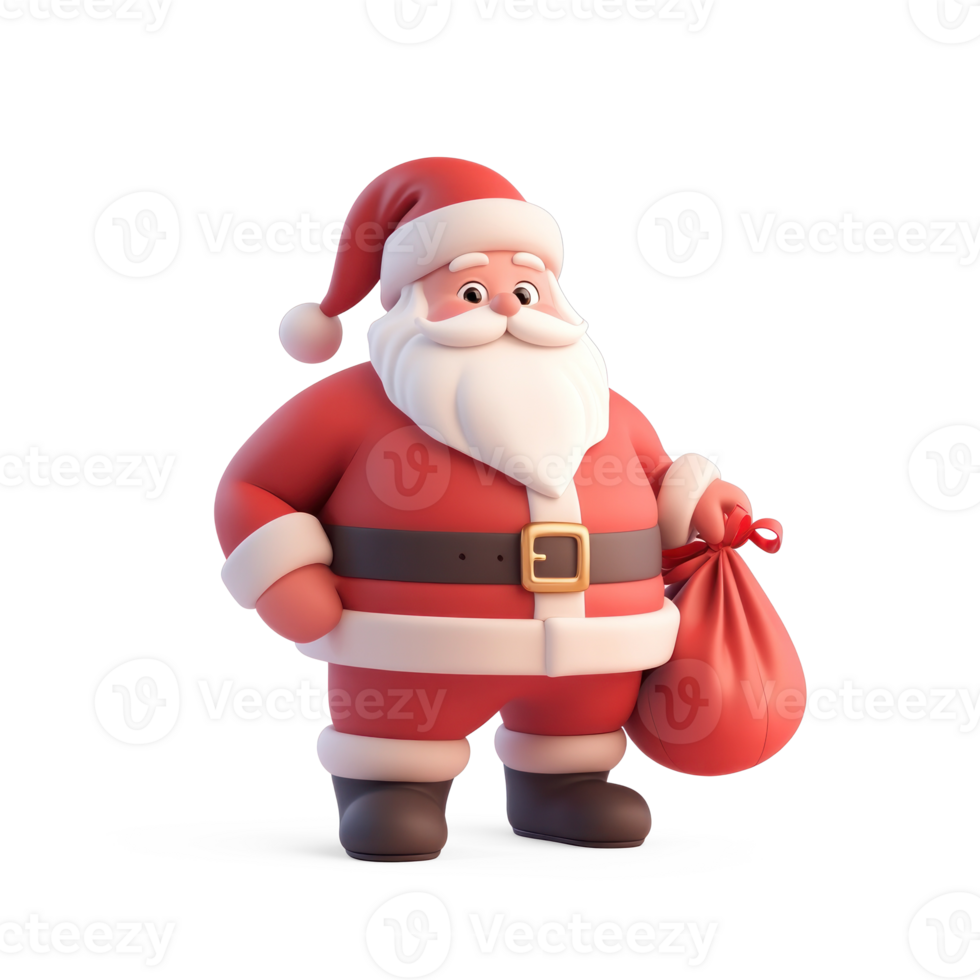 Santa Claus with a bag of gifts 3D icon cartoon smooth soft light isolate on transparent background png