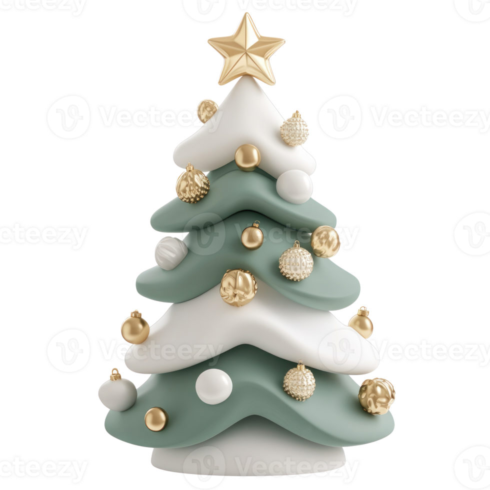 Christmas tree with decoration in color green white gold 3D icon clay style vibrate color isolate on transparent background png