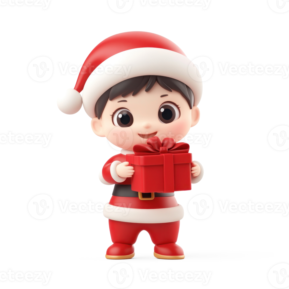 Little kid wear santa claus costume holding red gift box 3D icon isolate on transparent background png