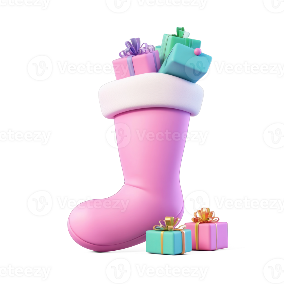Christmas Stocking with gifts 3D icon cartoon smooth soft light isolate on transparent background png