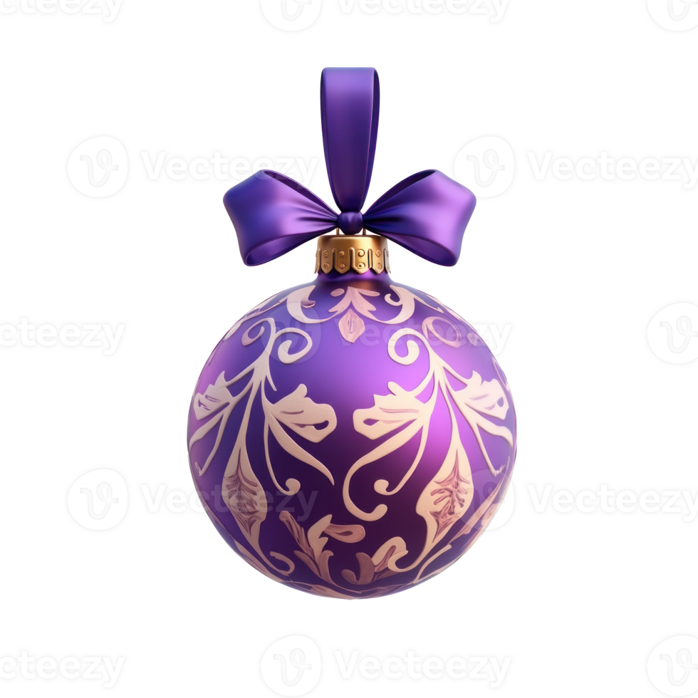 A purple Christmas ornament with a pattern and ribbon 3D icon cartoon round edges isolate on transparent background png