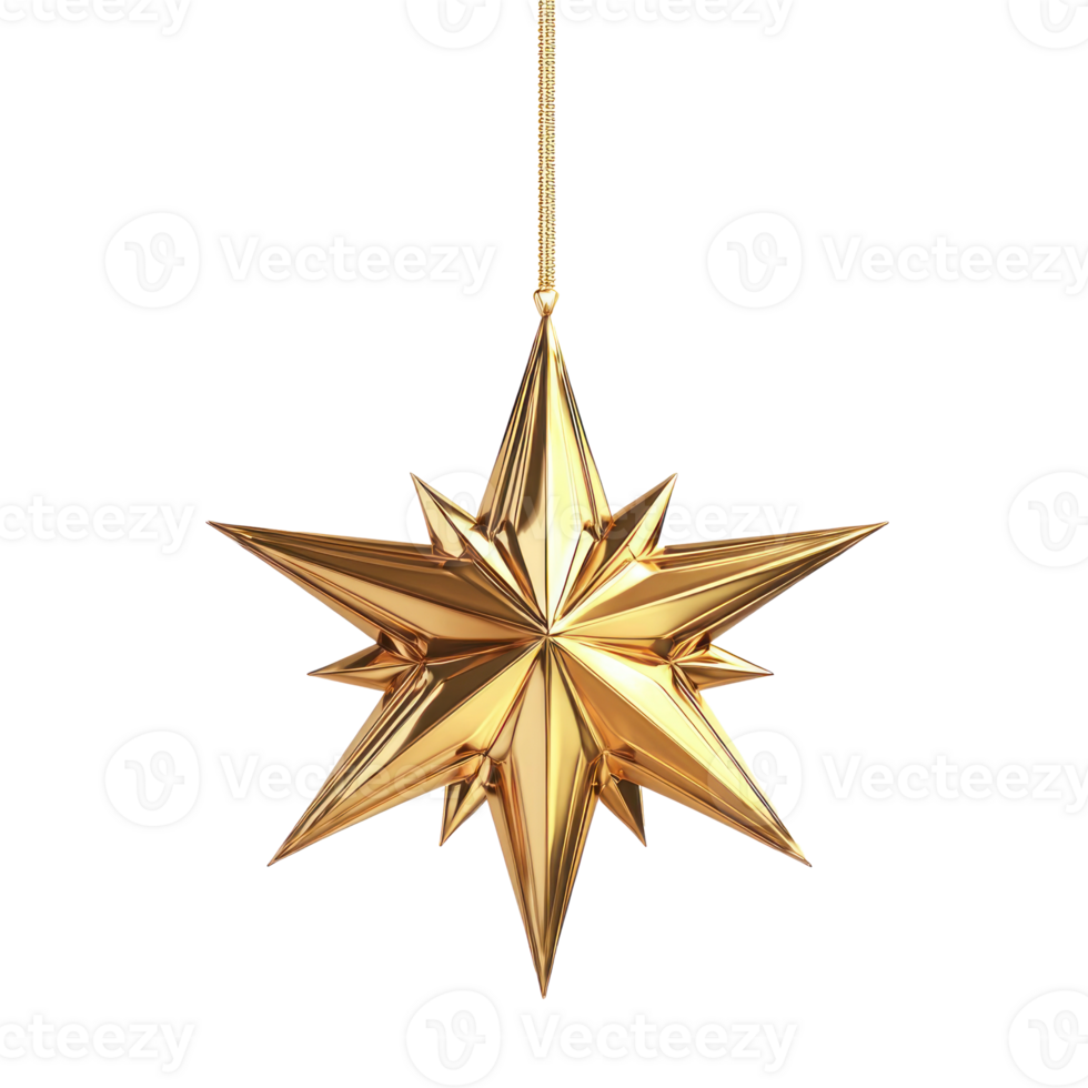Christmas Gold Star of bethlehem hanging 3D icon cartoon round edges isolate on transparent background png